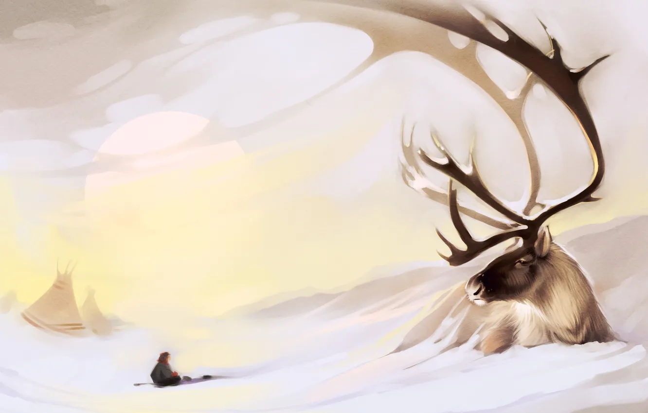 Photo wallpaper snow, deer, art, horns, North