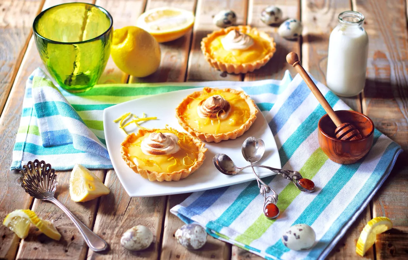 Photo wallpaper lemon, milk, honey, plate, spoon, dishes, citrus, fruit