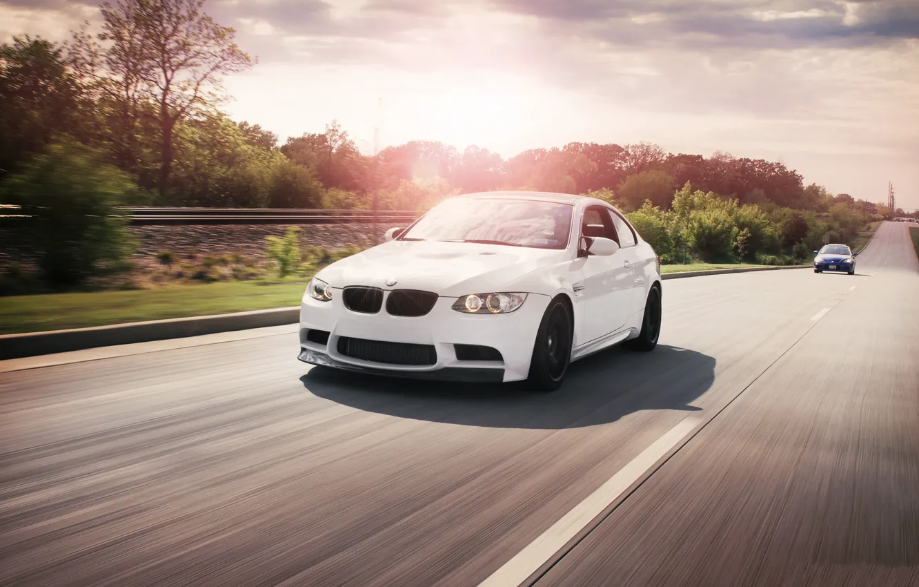 Photo wallpaper road, white, the sun, reflection, markup, bmw, BMW, speed