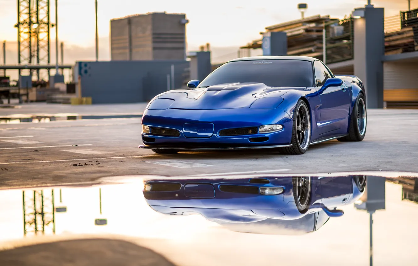 Photo wallpaper Corvette, Blue, Puddle