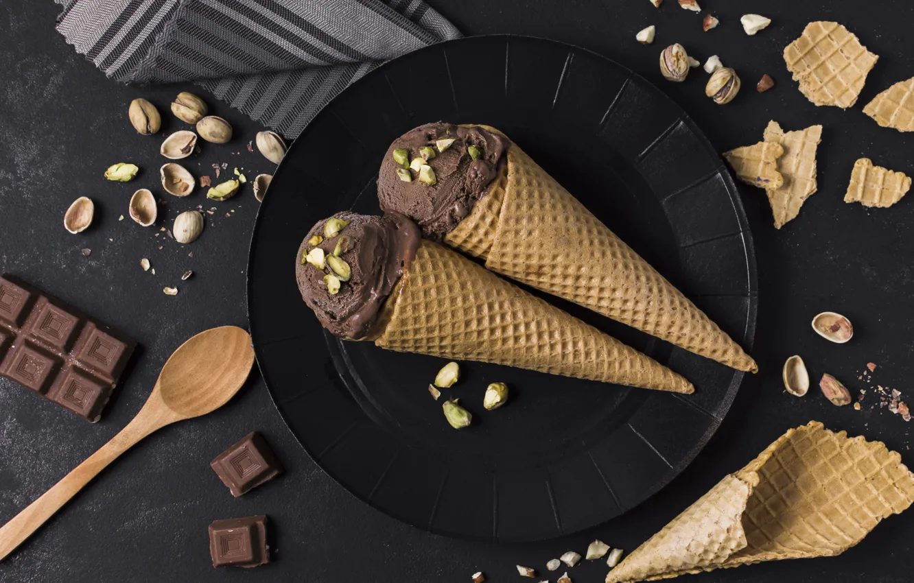 Photo wallpaper the dark background, chocolate, towel, plate, spoon, ice cream, nuts, placer