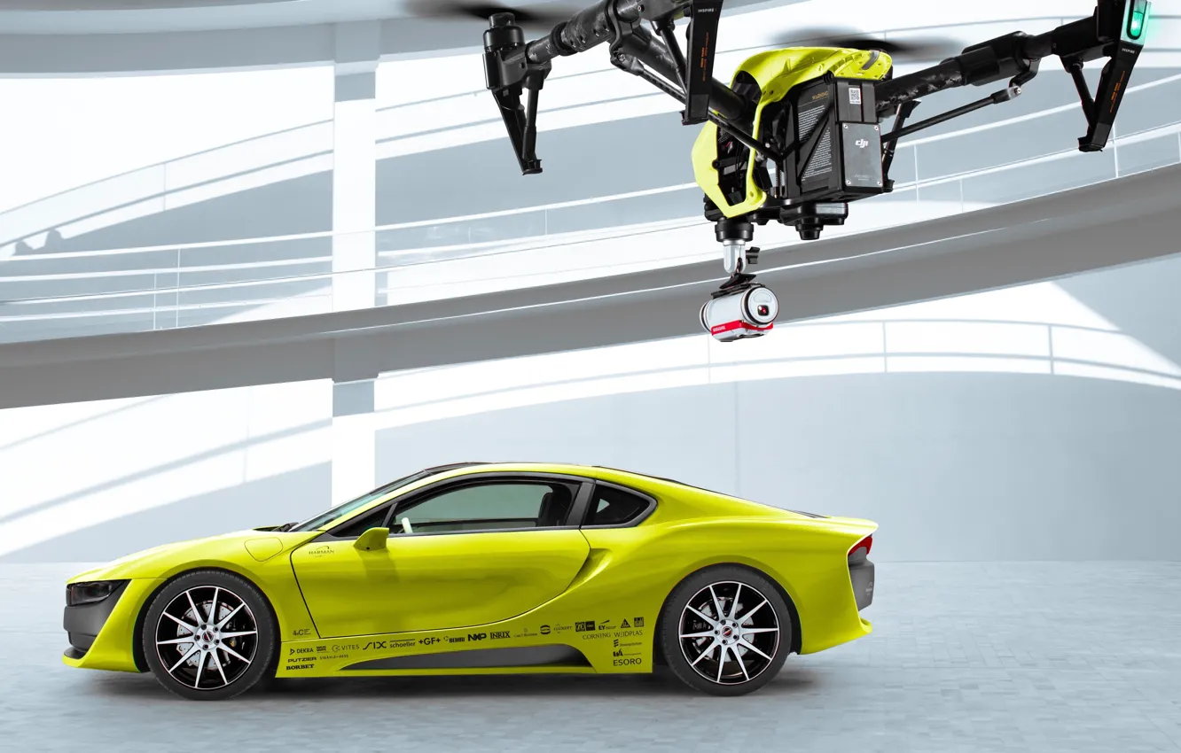 Photo wallpaper car, yellow, Concept Car, Drone, Etos, CES 2016, Etos Concept Car, DJI Inspire One