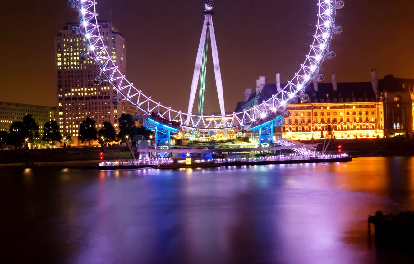 Photo wallpaper night, London, The city, Ferris wheel