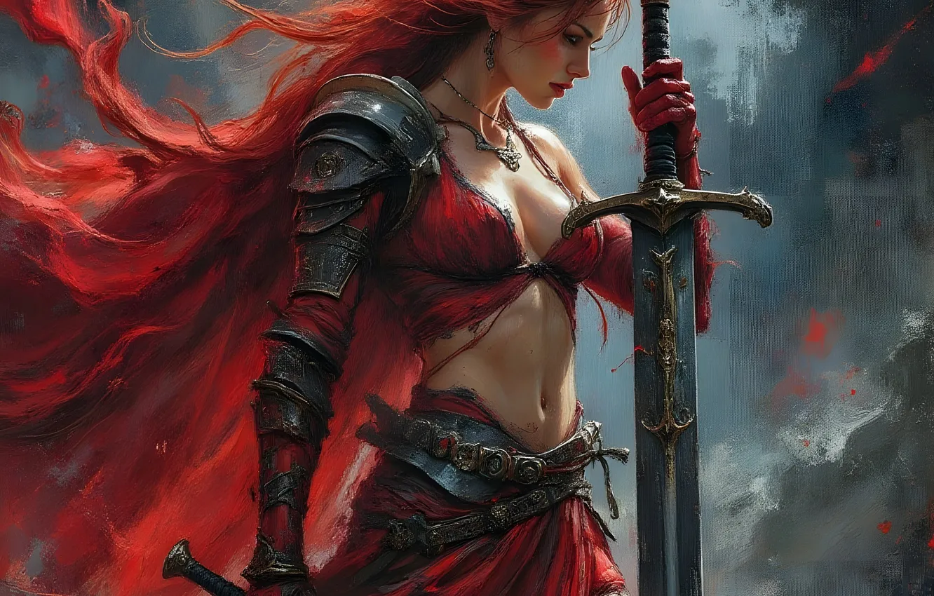 Photo wallpaper girl, pose, sword, figure, fantasy, warrior, redhead, flowing hair