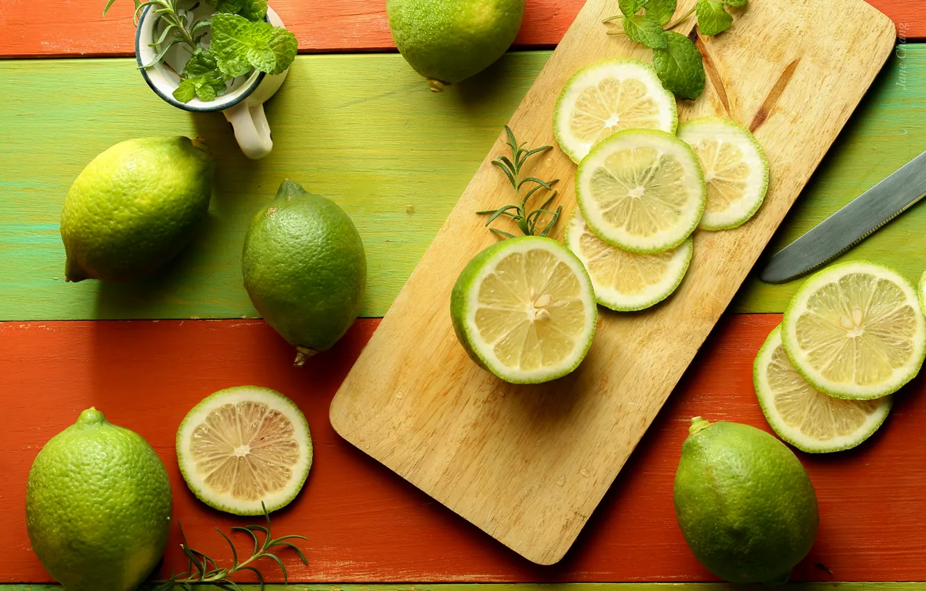 Photo wallpaper green, fruit, lime, citrus, mint, slices, rosemary