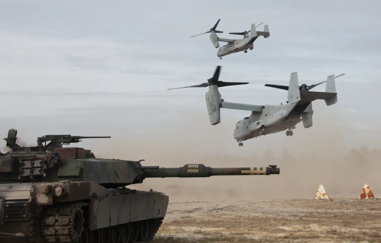 Photo wallpaper tank, the rise, combat, Osprey, Abrams, Bell V-22, M1 Abrams, convertiplane