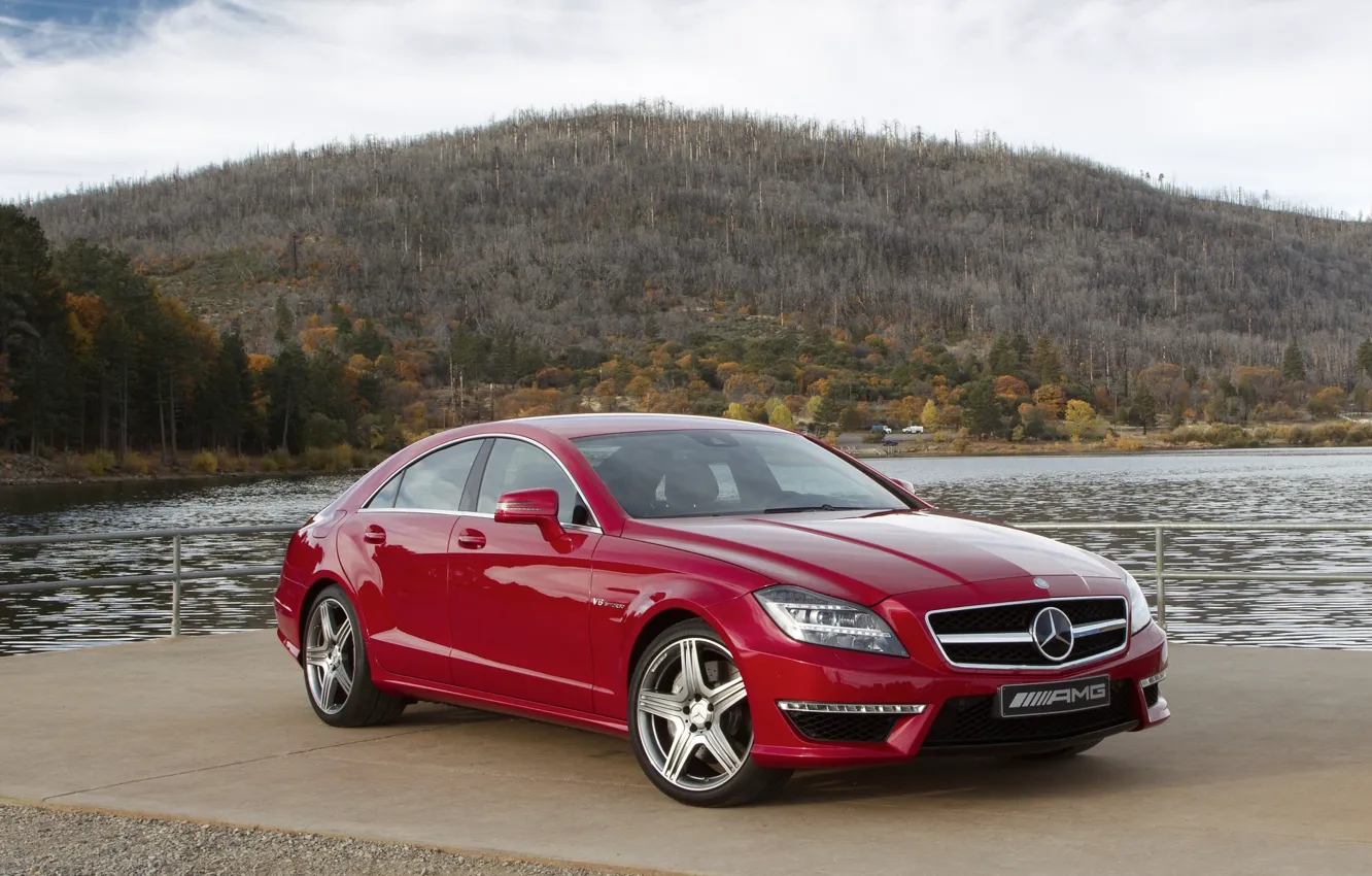 Photo wallpaper forest, the sky, red, lake, shore, mountain, Mercedes-Benz, sedan