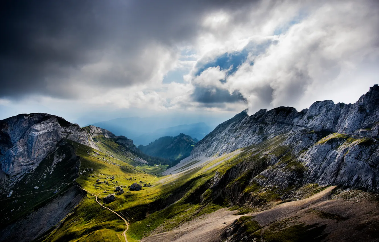 Photo wallpaper clouds, mountains, Switzerland, valley, Switzerland, Mount Pilatus