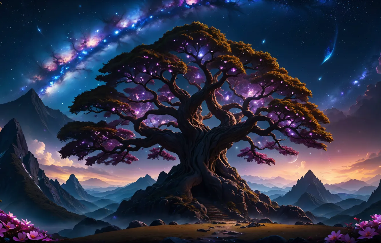 Photo wallpaper fantasy, tree, mysterious, Mystic, Aesthetic, AI Art, Yashamon, Beautiful Sky