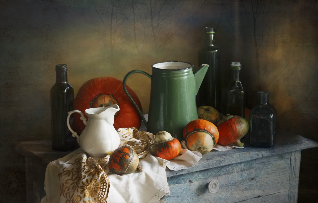 Photo wallpaper glass, table, bottle, towel, kettle, pumpkin, pitcher, still life