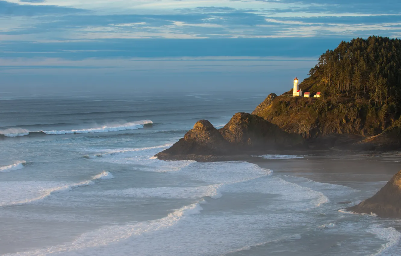 Photo wallpaper sea, wave, the sky, clouds, trees, rocks, lighthouse, surf