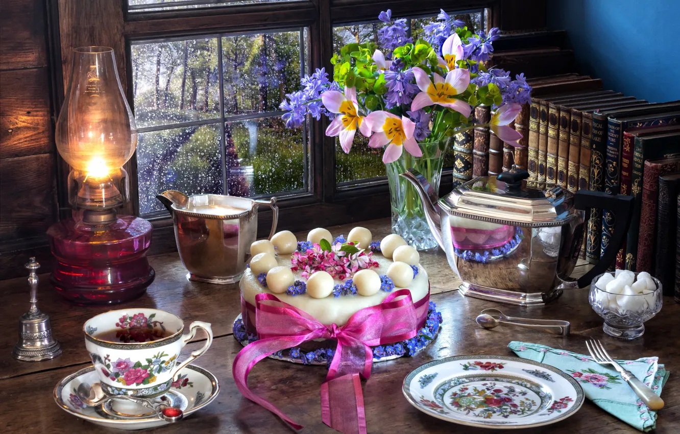 Photo wallpaper flowers, style, tea, books, lamp, bouquet, kettle, window