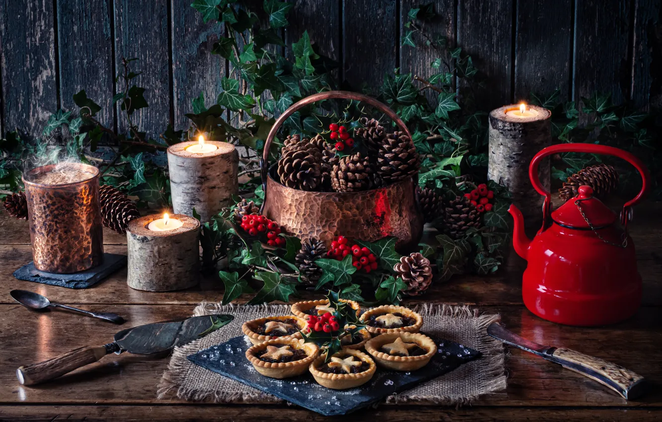 Photo wallpaper style, berries, candles, kettle, still life, bumps, cakes, tartlets