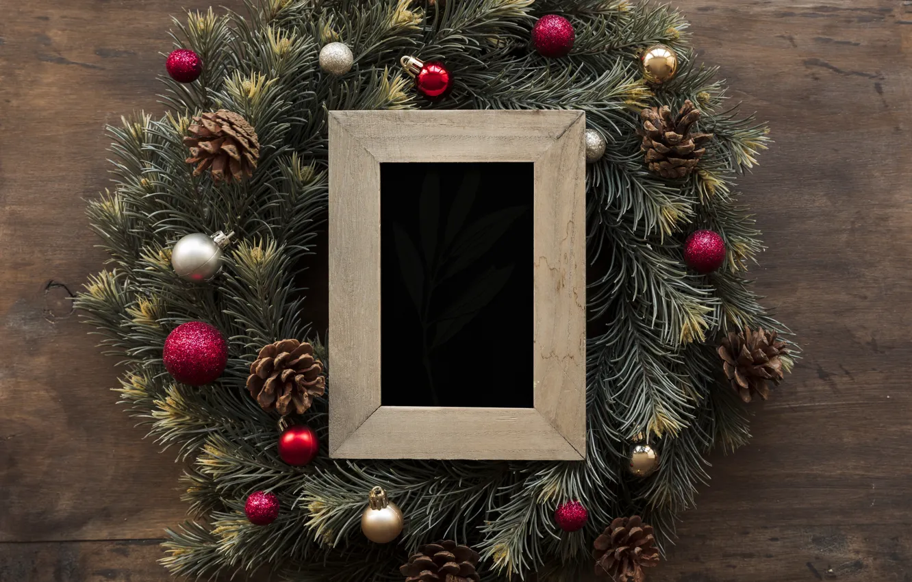 Photo wallpaper decoration, new year, frame, Christmas, Christmas, wreath, wood, New Year