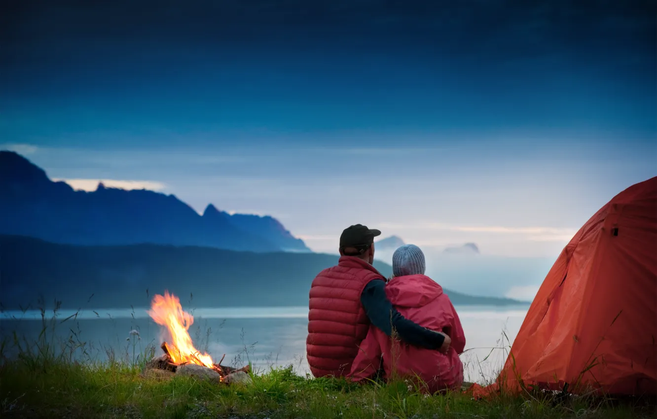 Photo wallpaper grass, lights, fog, lake, the evening, the fire, pair, tent