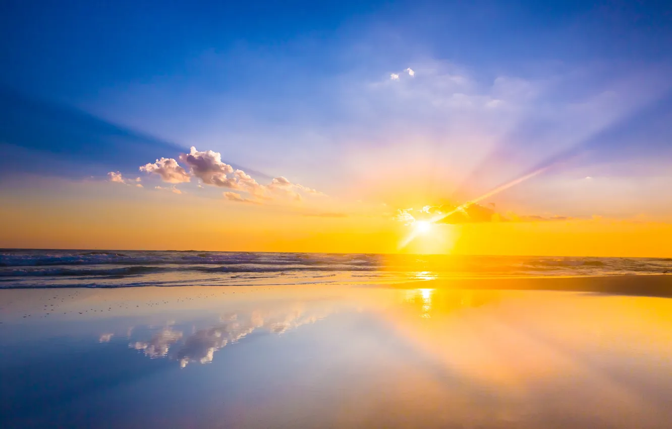 Photo wallpaper sea, wave, beach, the sun, clouds, reflection, sunrise, mirror