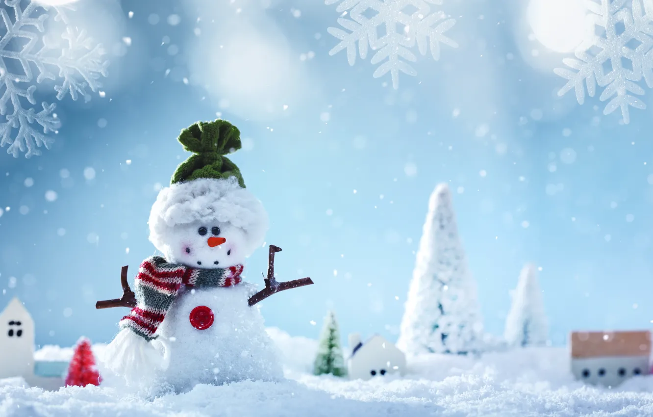 Photo wallpaper winter, snow, snowflakes, New Year, Christmas, snowman, Christmas, winter