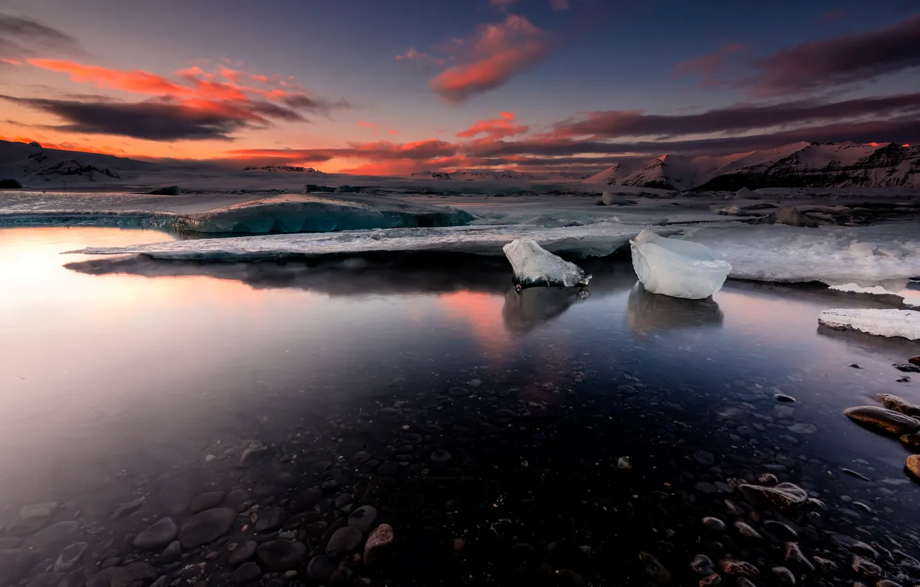 Photo wallpaper ice, winter, the sky, clouds, snow, landscape, sunset, mountains