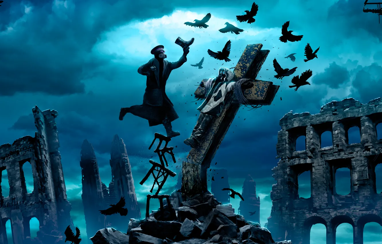 Photo wallpaper the sky, clouds, clouds, bird, people, cross, crows, ruins