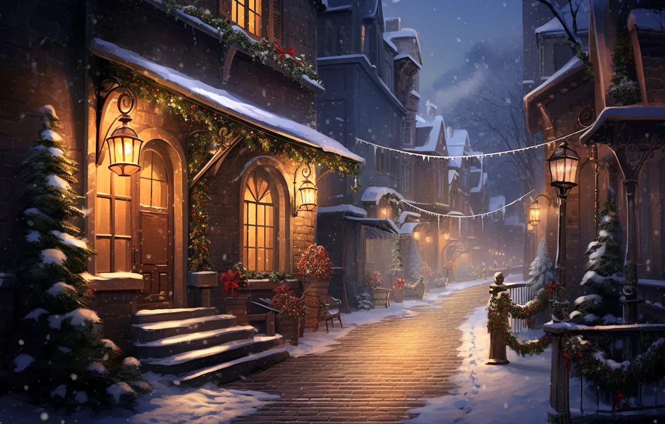 Photo wallpaper winter, snow, decoration, night, the city, lights, balls, street