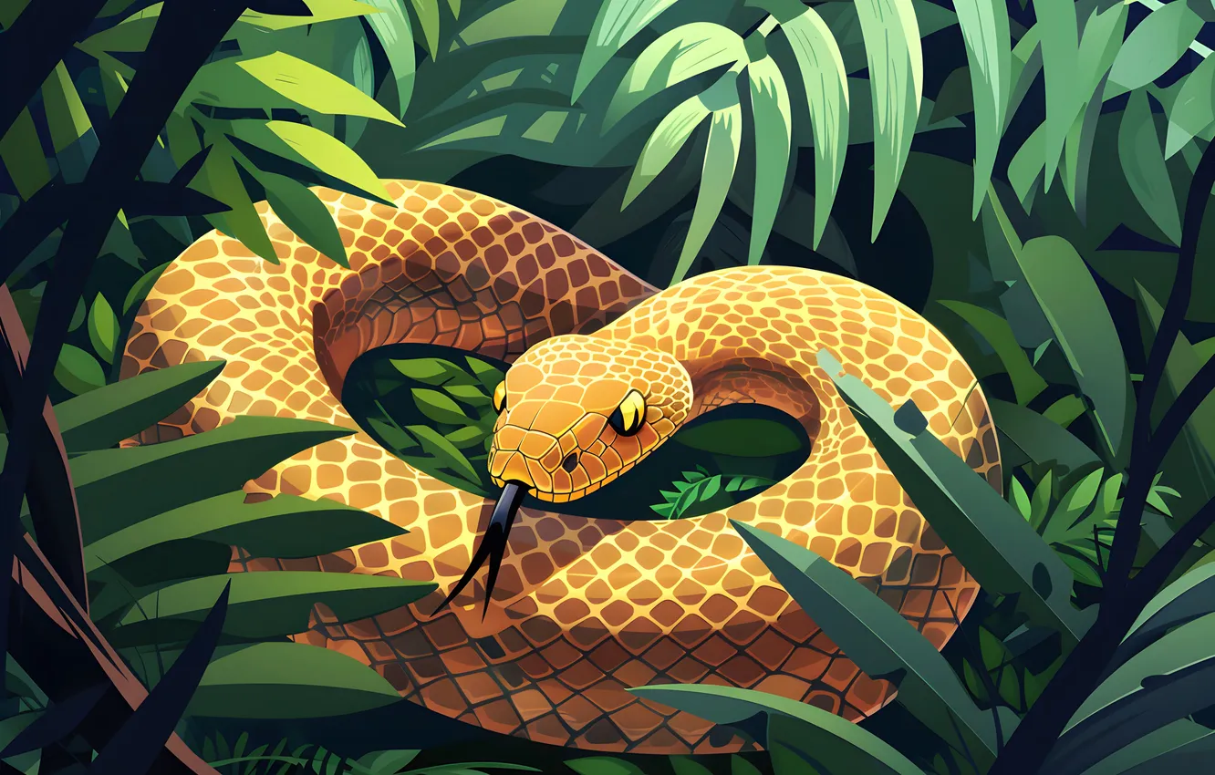 Photo wallpaper language, leaves, branches, animal, snake, jungle, art, reptile