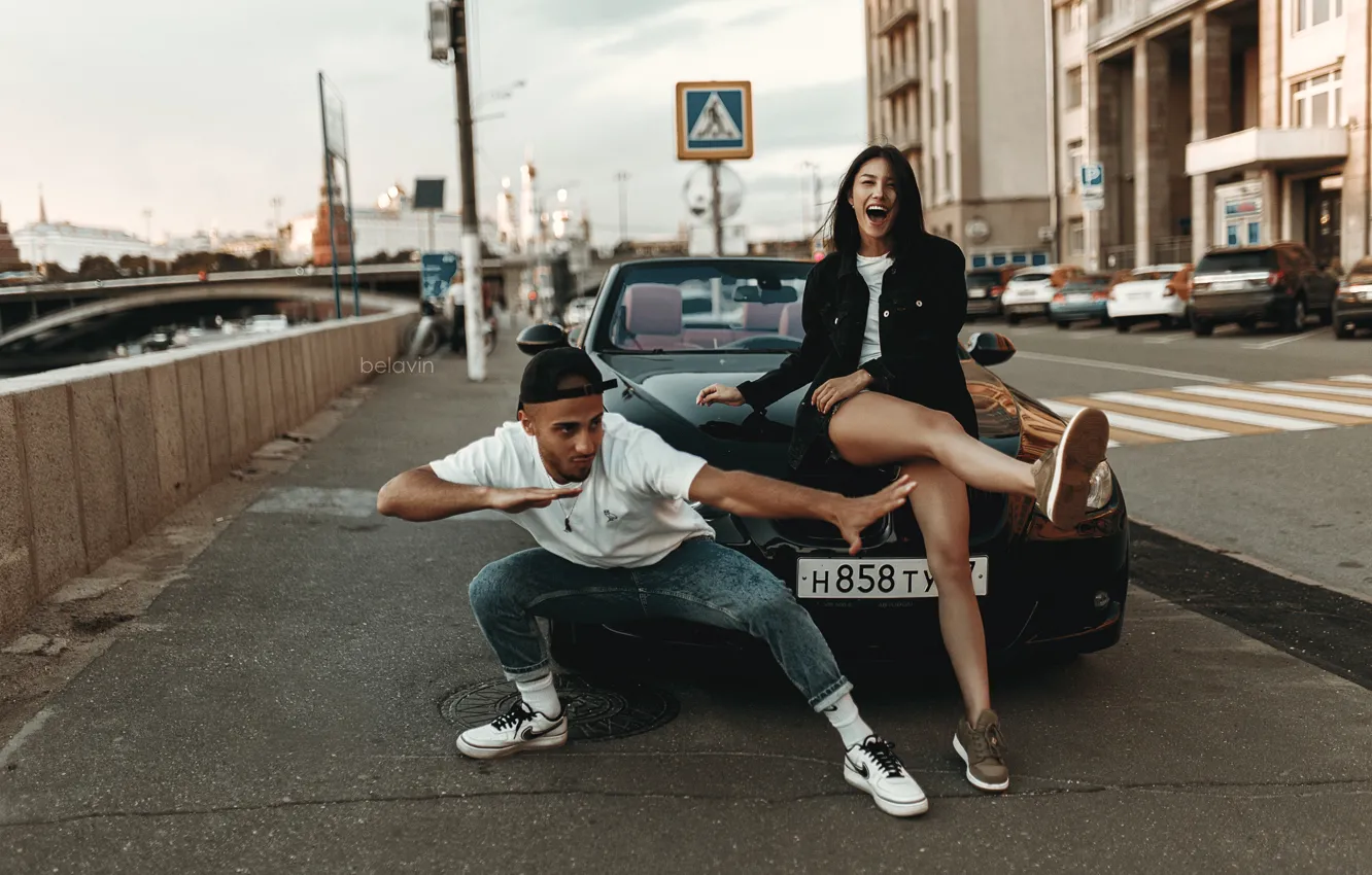 Photo wallpaper machine, auto, girl, pose, mood, BMW, guy, promenade