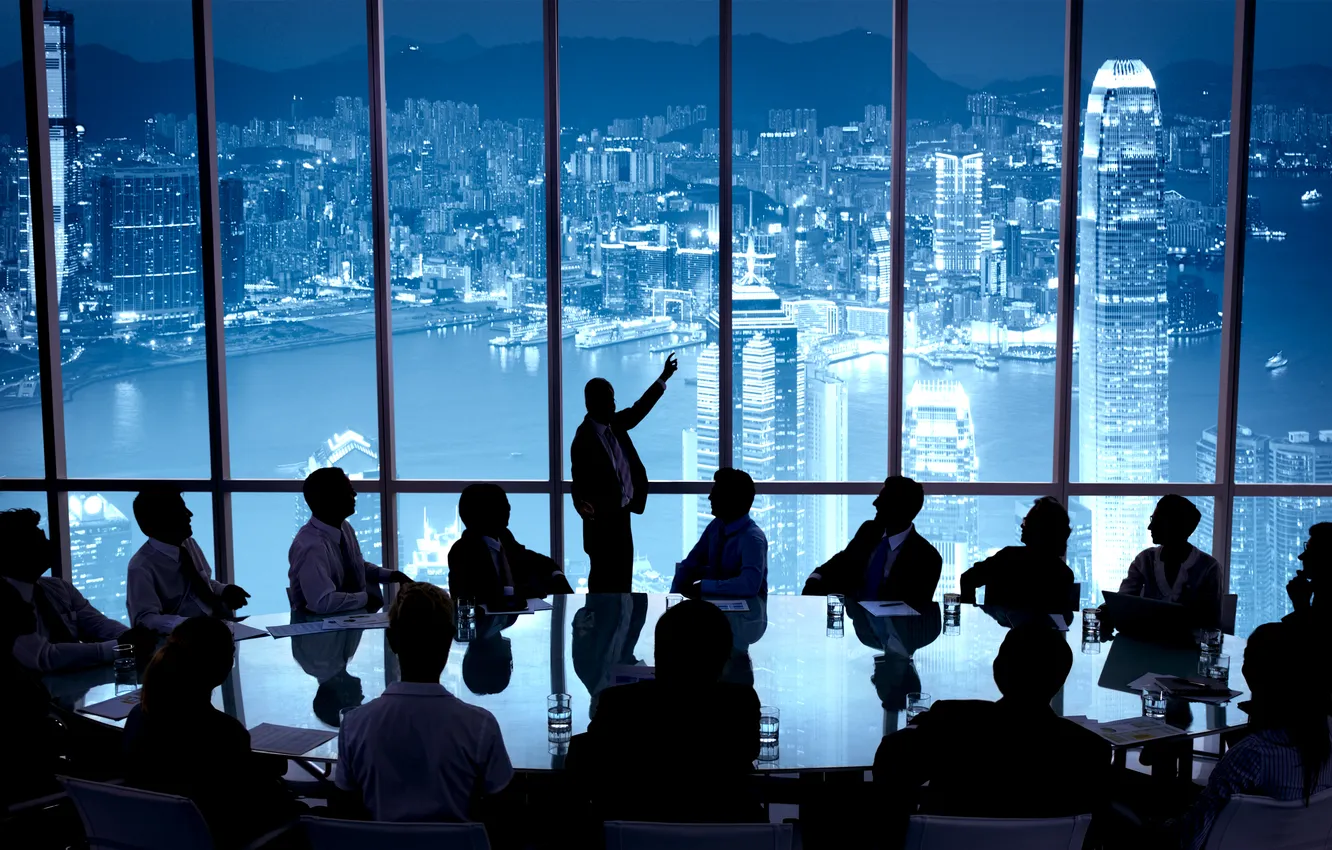 Photo wallpaper windows, business table, lighted city background