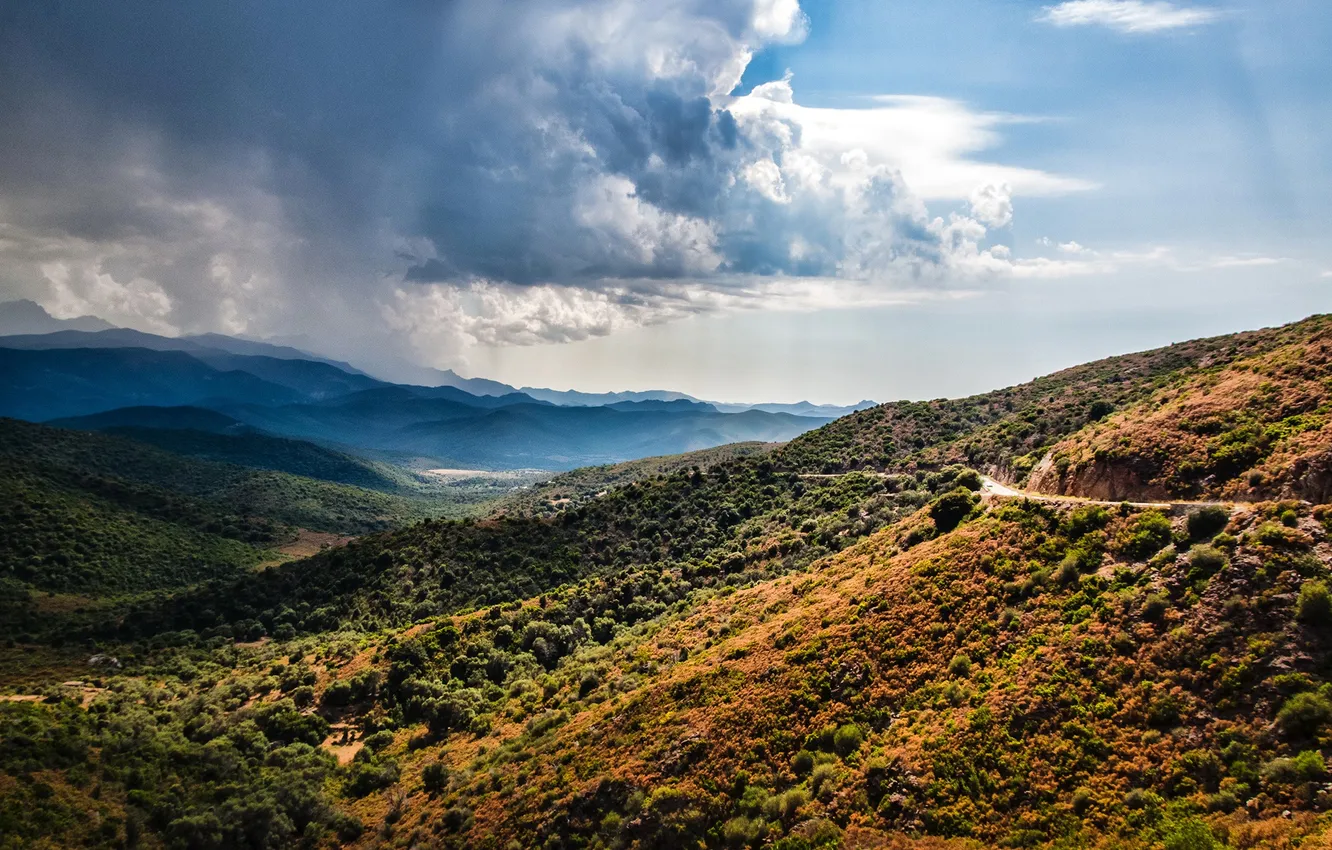 Photo wallpaper road, the sky, clouds, mountains, France, valley, Corsica