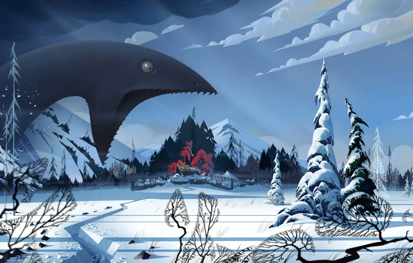 Photo wallpaper winter, snow, landscape, monster, village, art, The Banner Saga