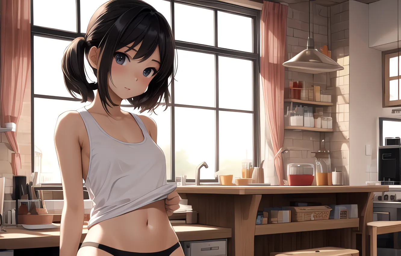 Photo wallpaper brunette, black panties, kitchen, indoors, white tank top, AI Art