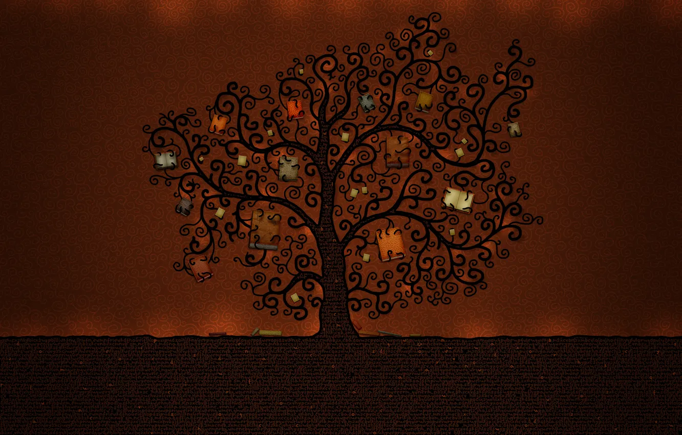 Photo wallpaper trees, letters, book