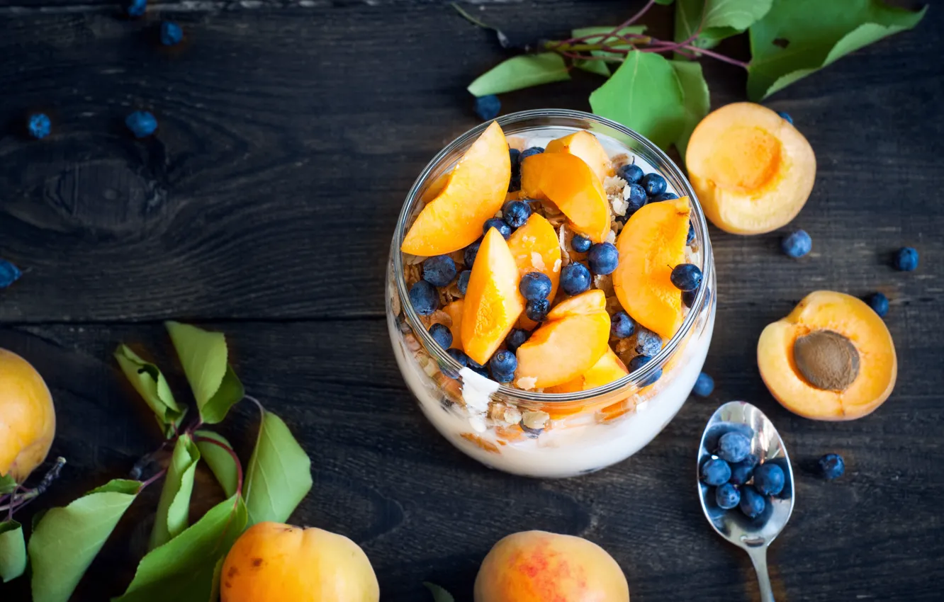 Photo wallpaper berries, Breakfast, dessert, apricots, blueberries