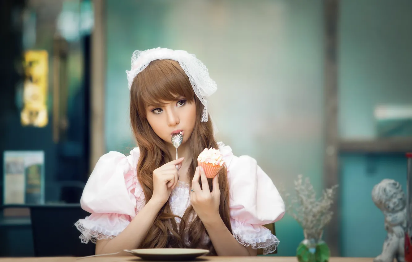 Photo wallpaper look, girl, table, dress, cake, Asian