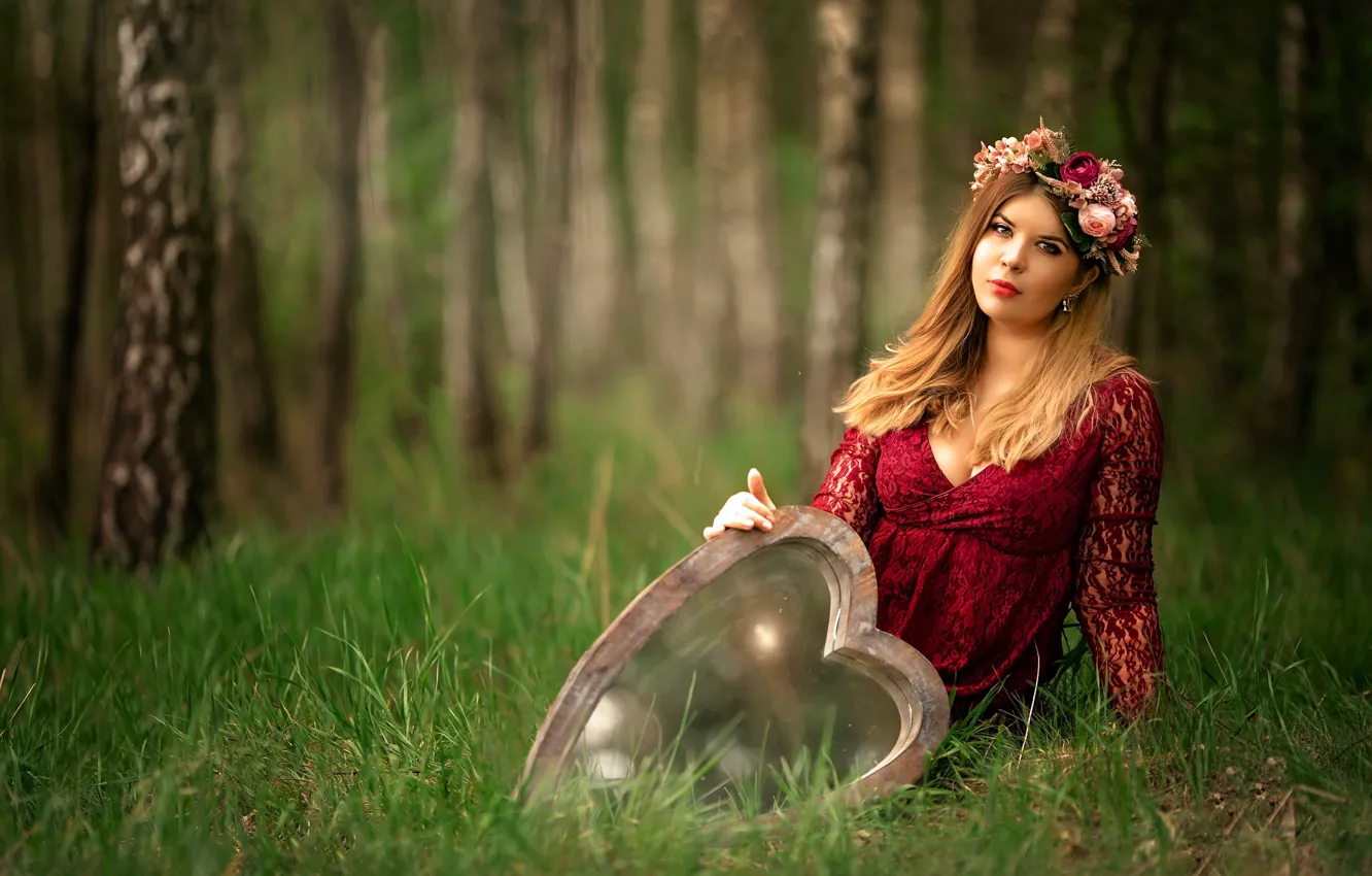 Photo wallpaper forest, summer, girl, flowers, nature, glade, heart, dress