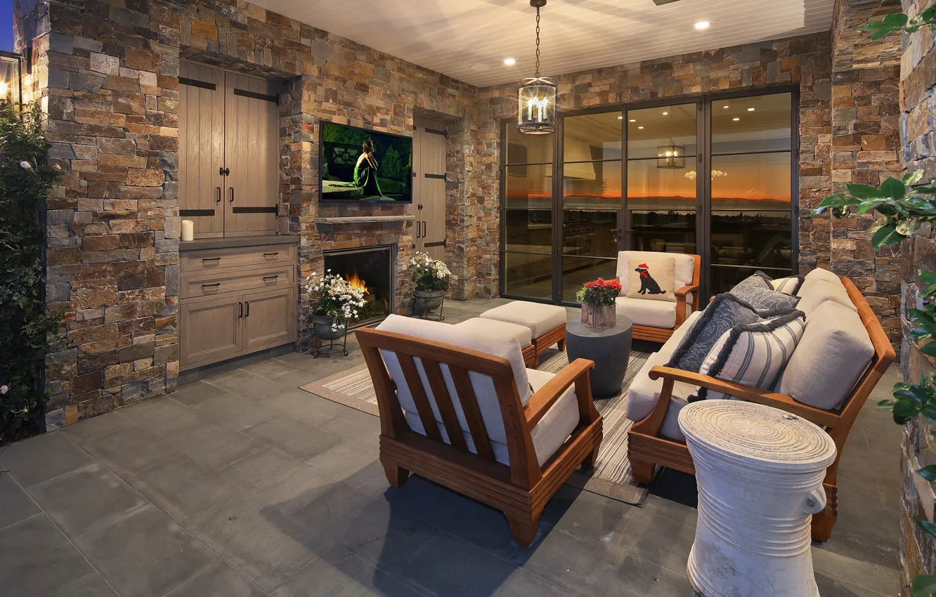 Photo wallpaper flowers, sofa, TV, lights, living room