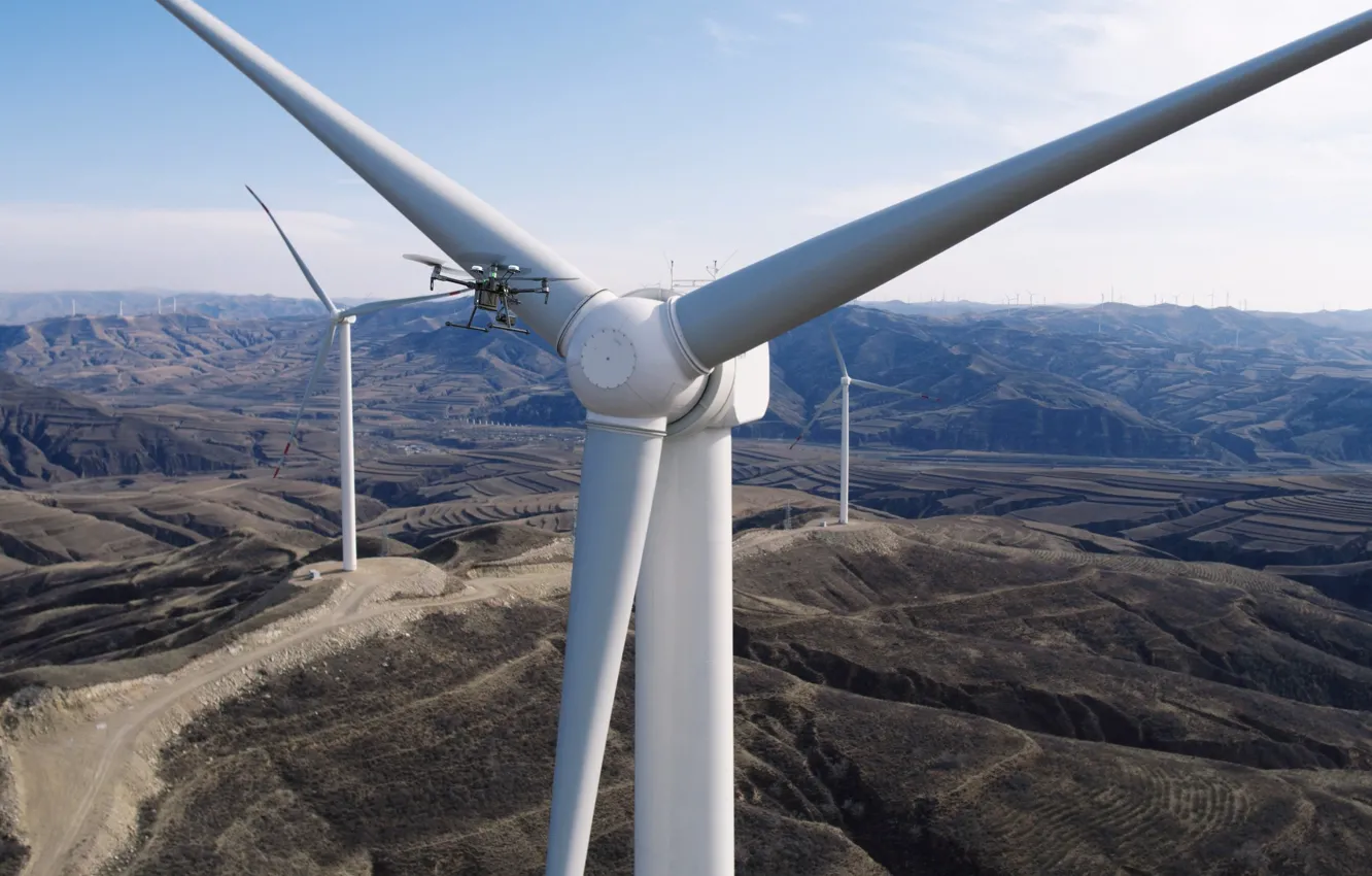 Photo wallpaper drone, wind turbine, MWC 2017, DJI M200, isolated location, electric power generation, wilderness area, wind …