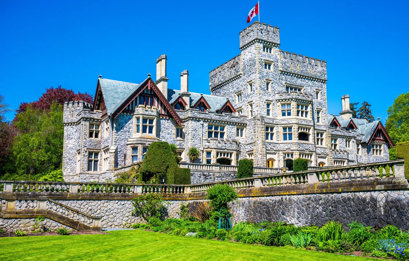 Photo wallpaper castle, lawn, Canada, architecture, Canada, British Columbia, British Columbia, Castle Hatley