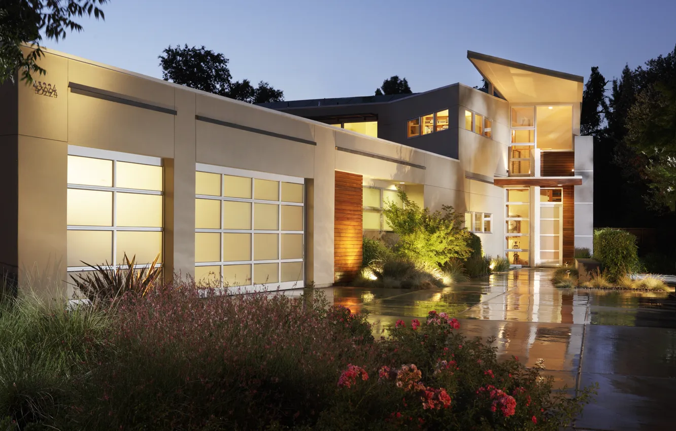 Photo wallpaper trees, flowers, lights, lights, Villa, home, the evening, yard