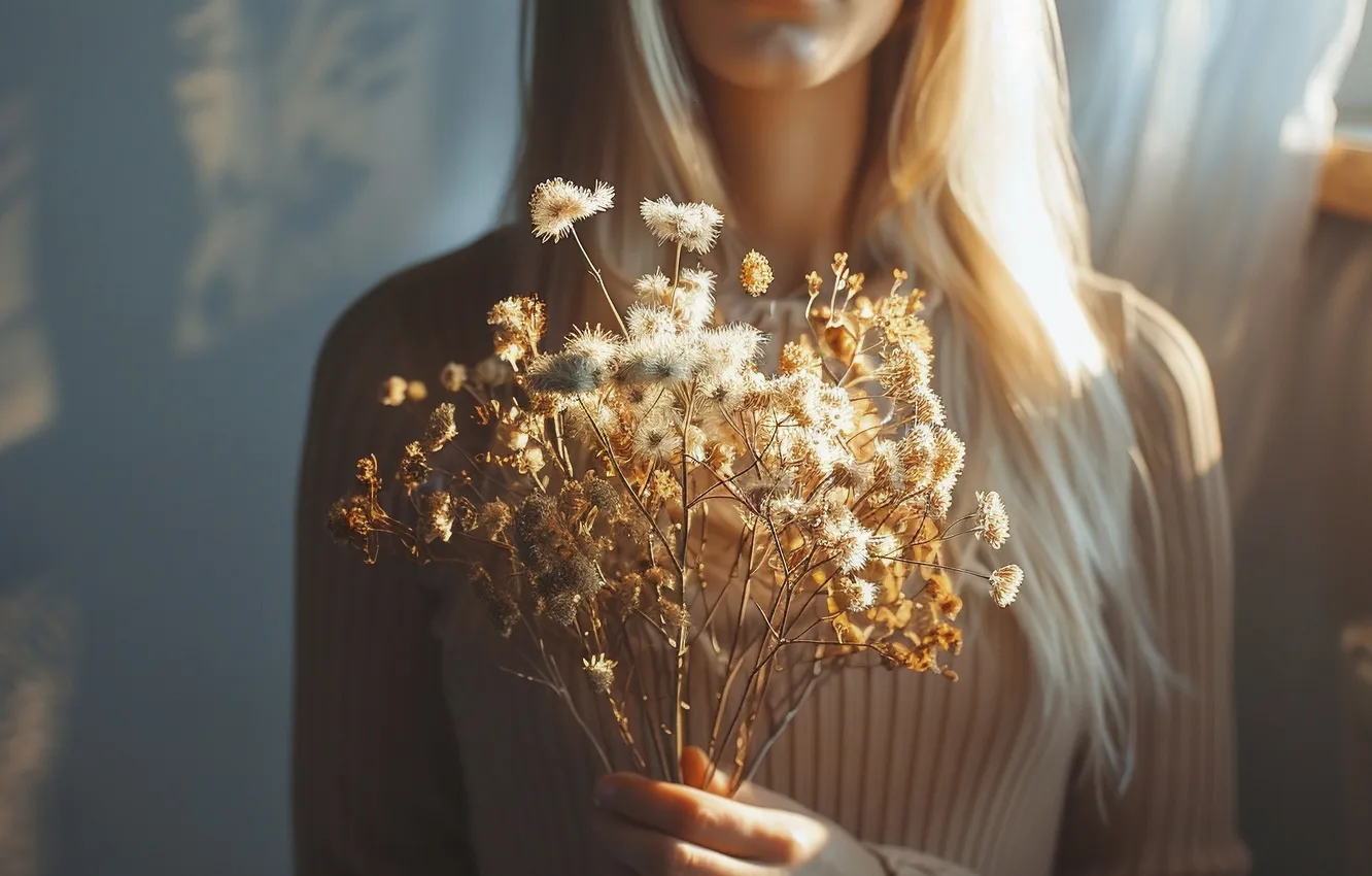 Photo wallpaper girl, light, flowers, bouquet, hands, window, blonde, blue background