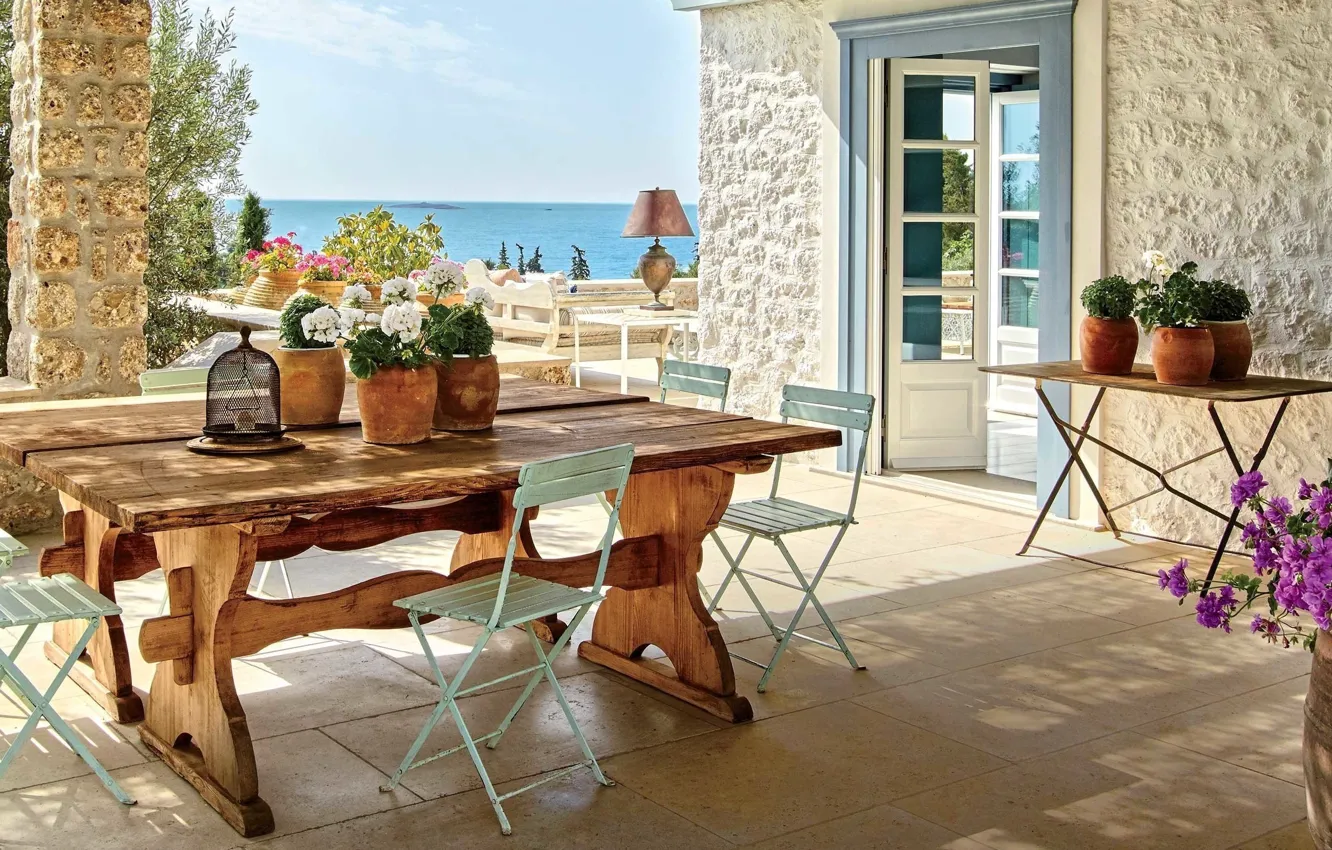 Photo wallpaper Villa, interior, sea view, terrace, dining room, indoor-outdoor