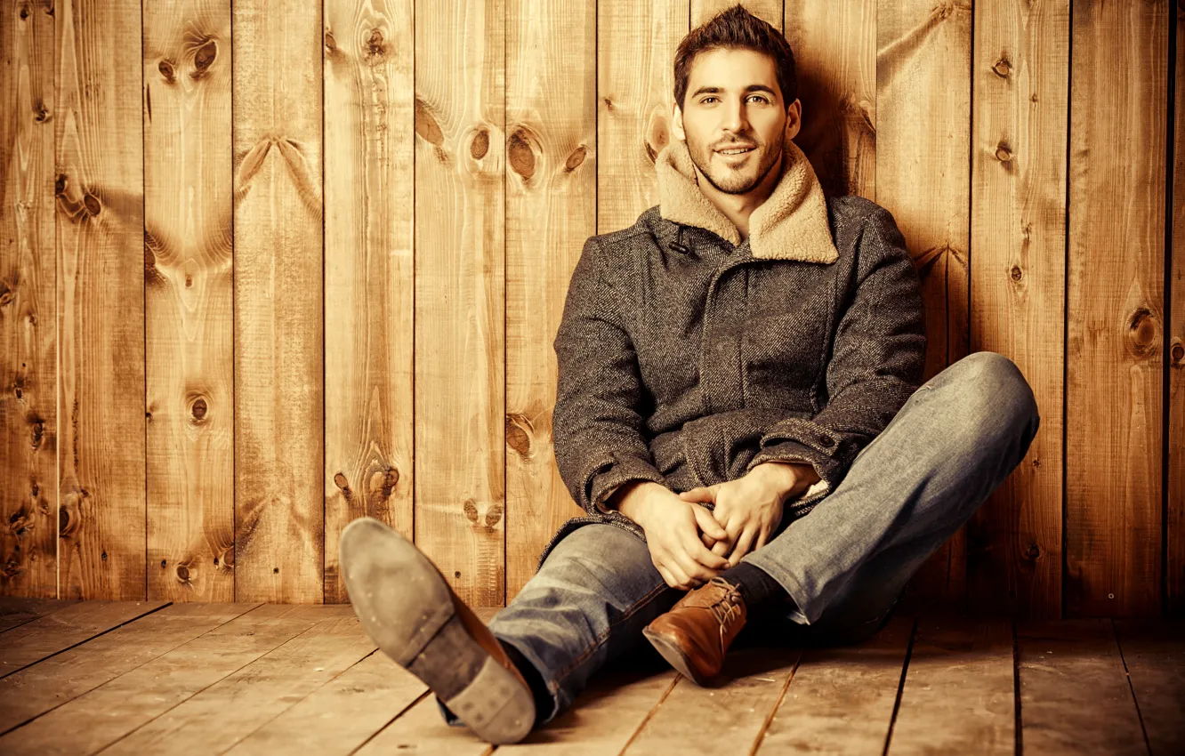 Photo wallpaper look, pose, smile, background, wall, Board, portrait, jacket