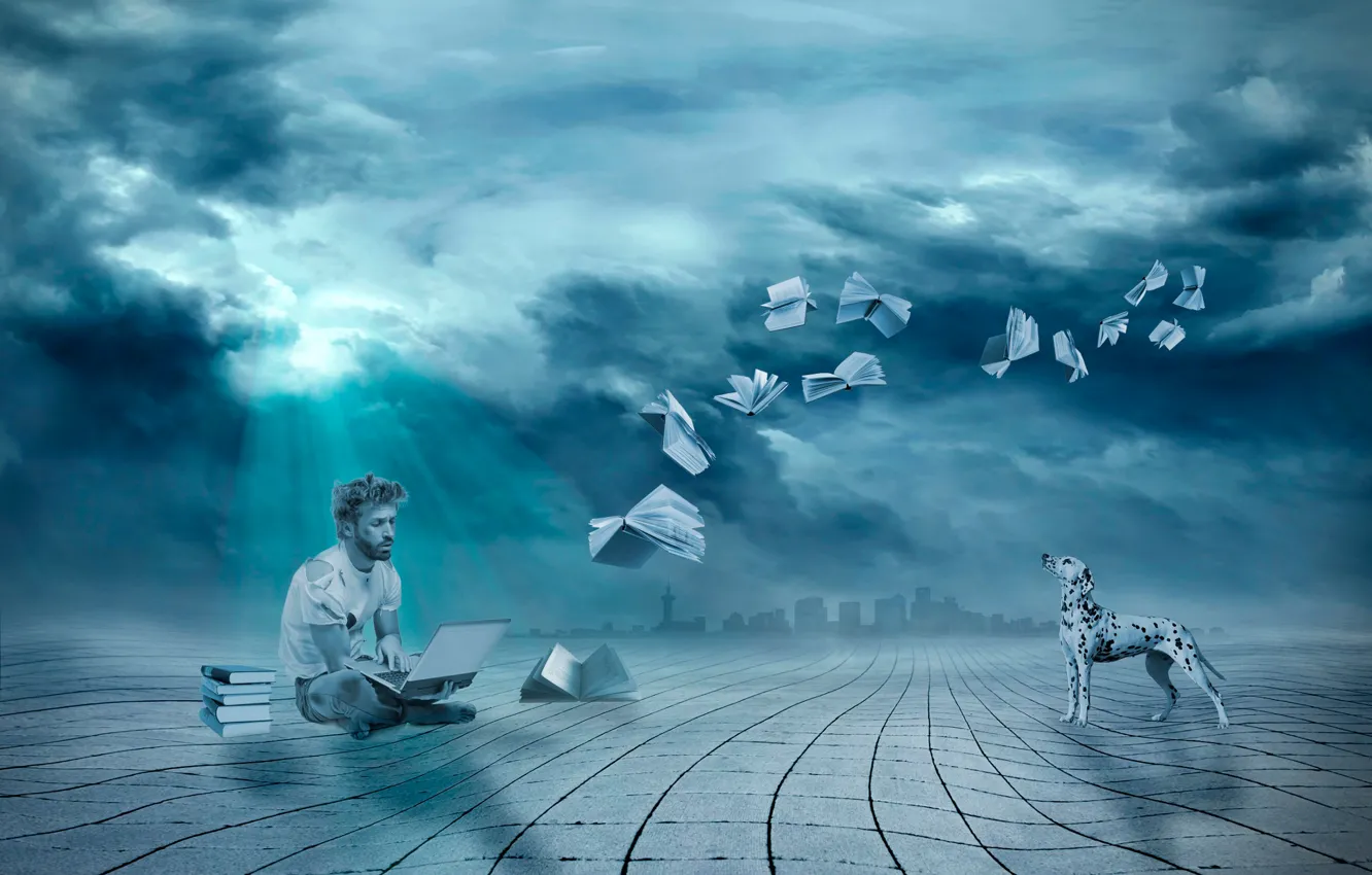 Photo wallpaper man, dog, book, laptop