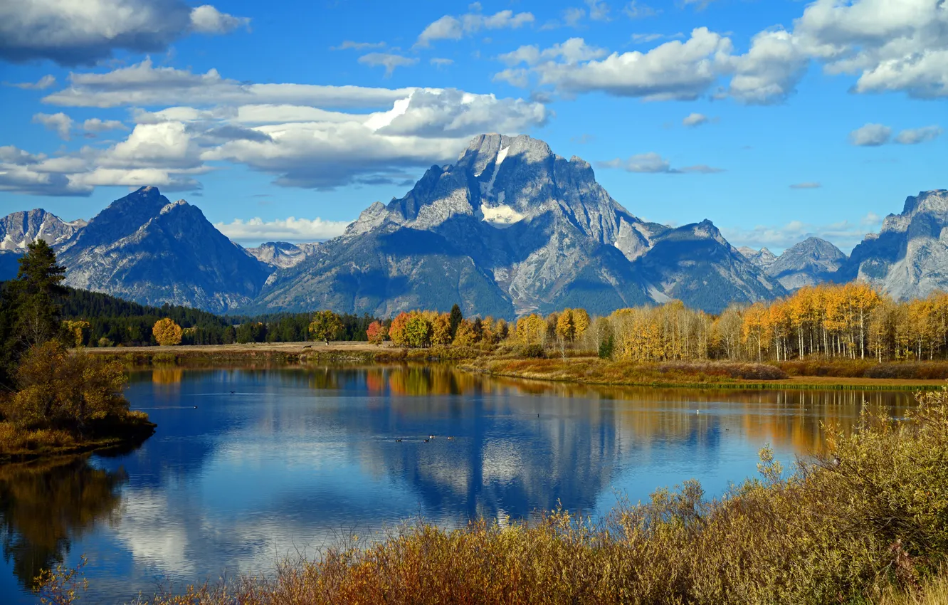 Photo wallpaper autumn, forest, the sky, clouds, trees, mountains, lake