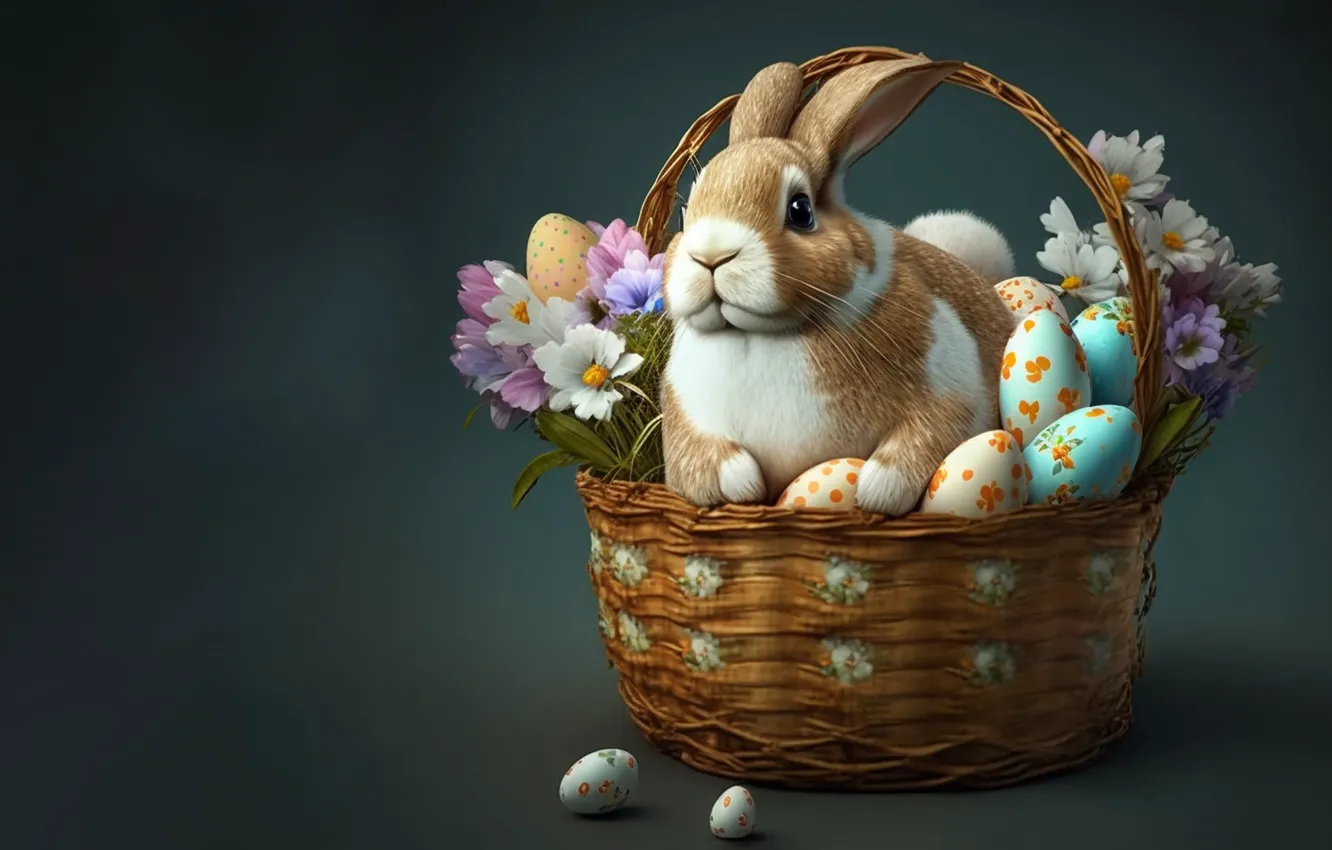 Photo wallpaper eggs, spring, rabbit, Easter, basket, painted