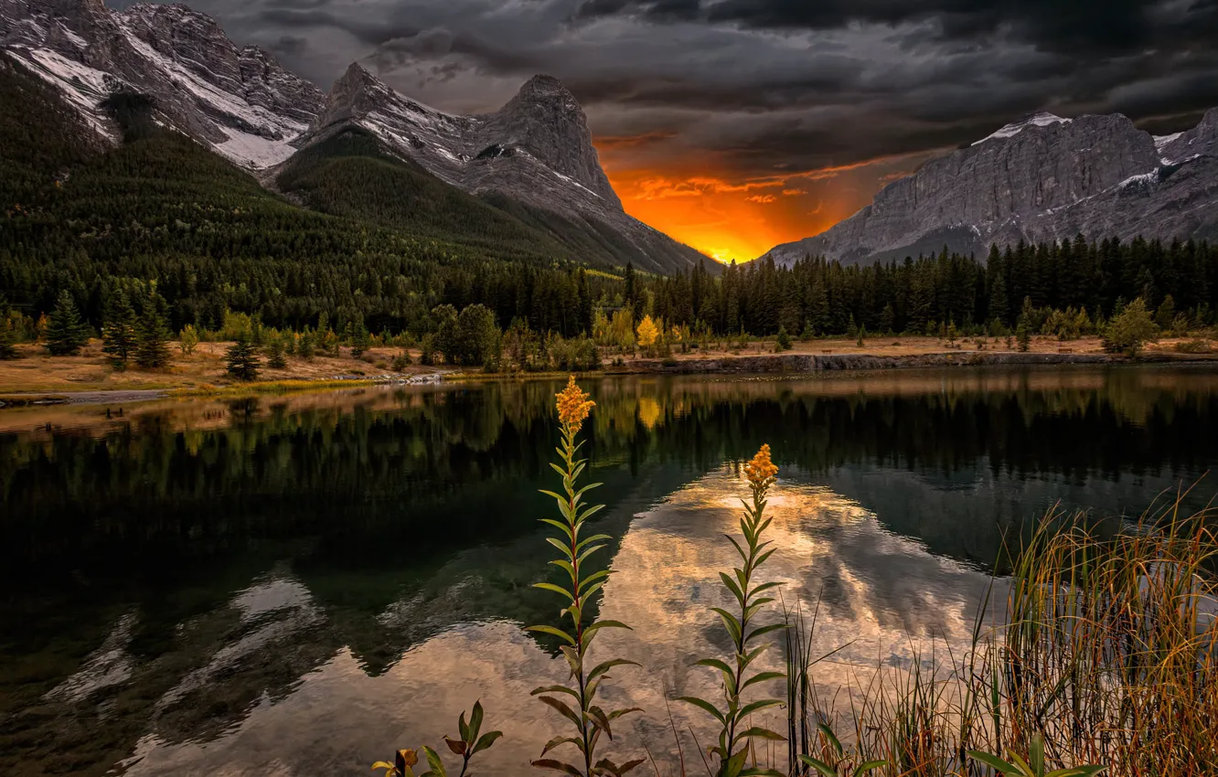 Photo wallpaper landscape, sunset, mountains, clouds, nature, lake, reflection, rocks