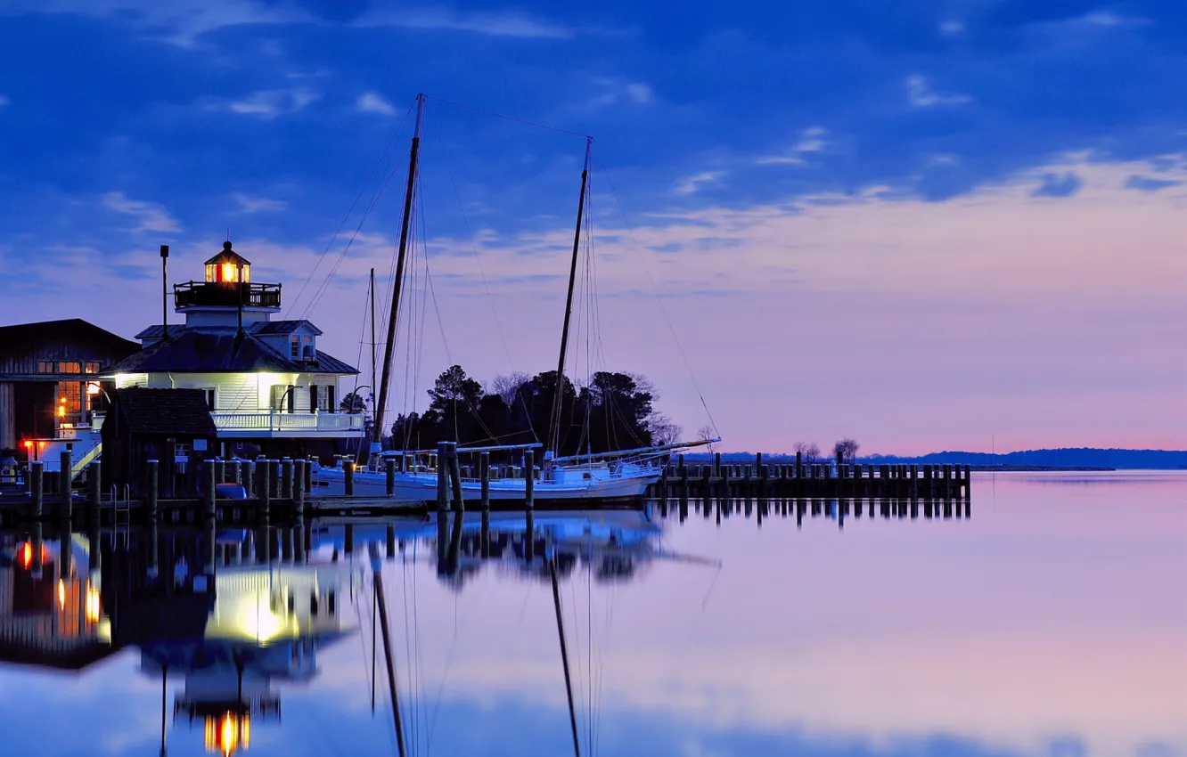 Photo wallpaper the sky, water, clouds, sunset, blue, reflection, lighthouse, the evening