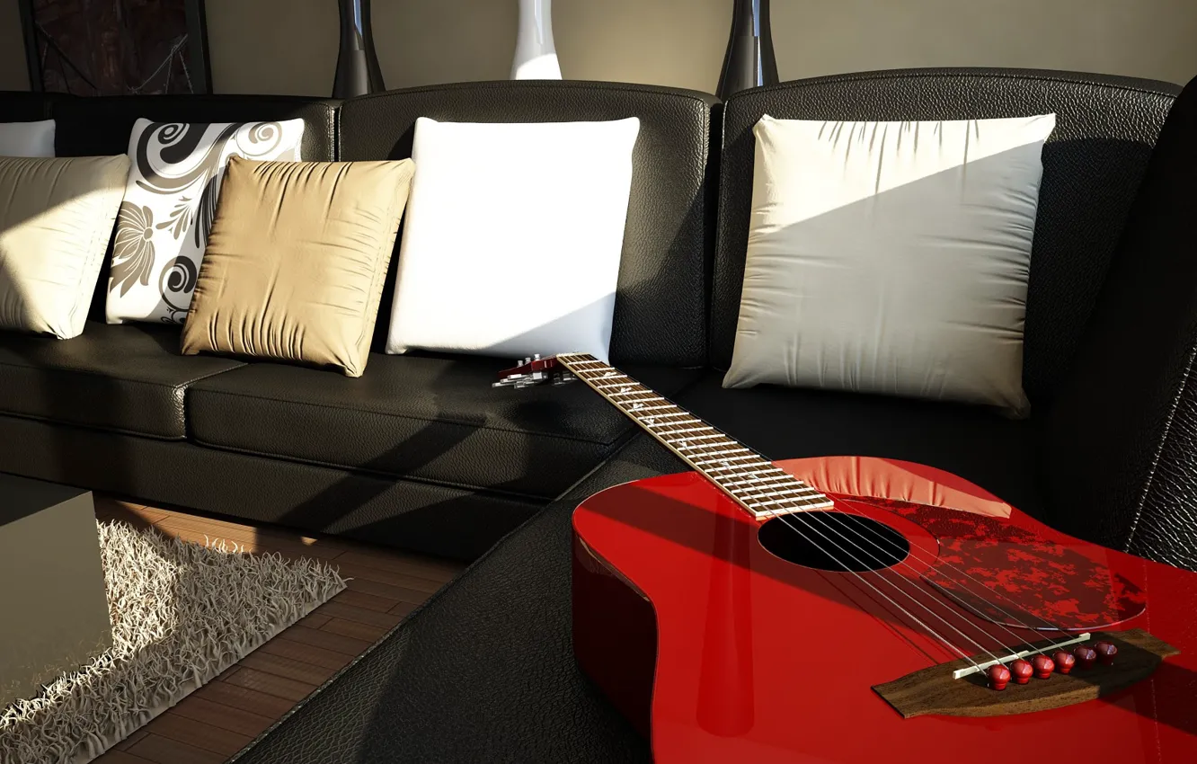 Photo wallpaper sofa, guitar, carpet, pillow, Table