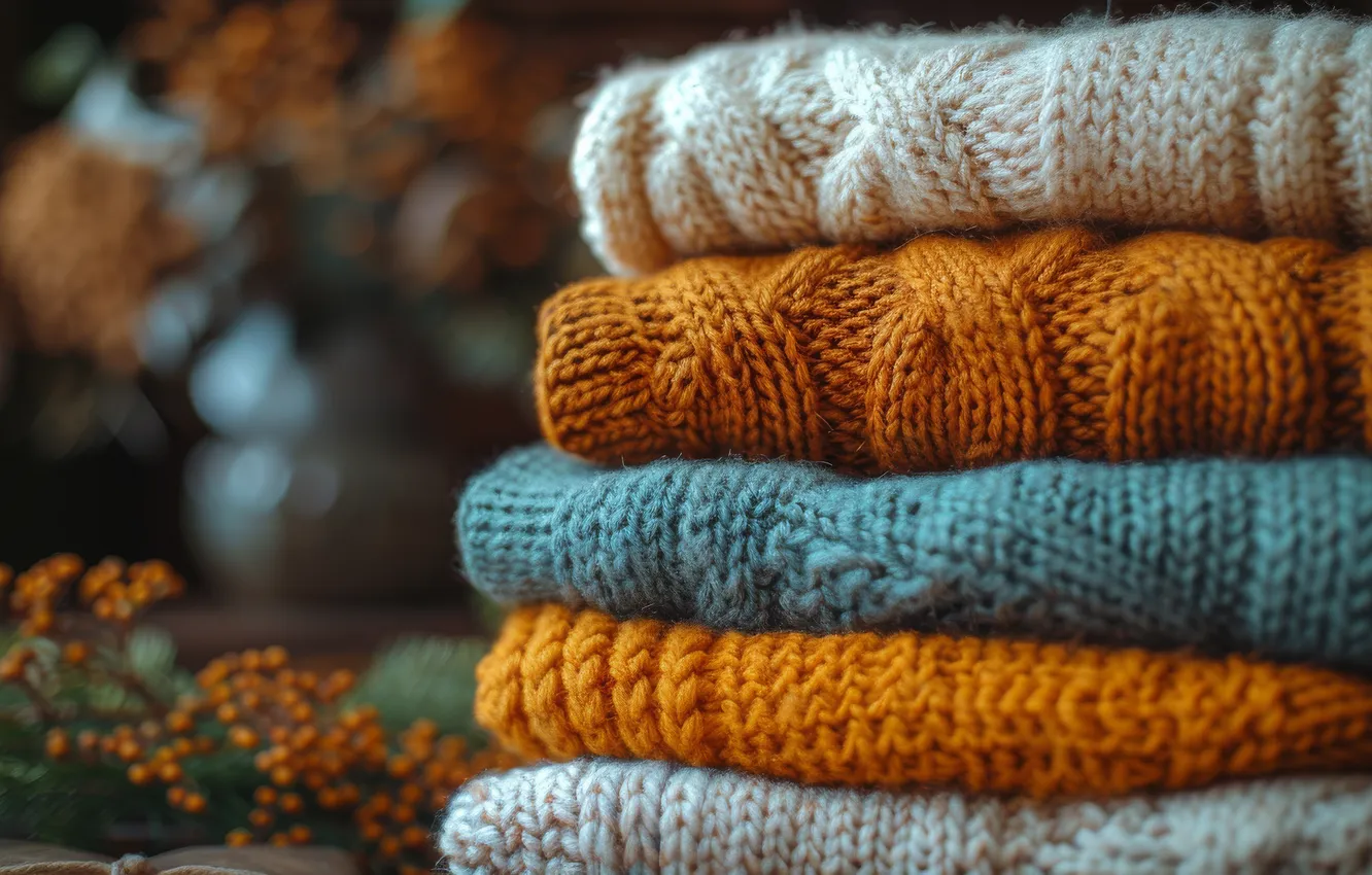 Photo wallpaper autumn, comfort, heat, bouquet, stack, jacket, colorful, sweater