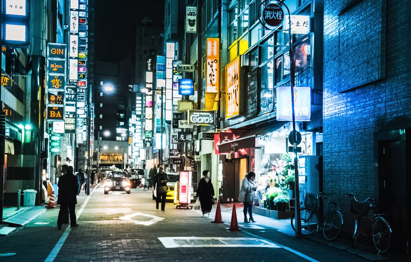 Photo wallpaper Tokyo, Japan, street, people, neon, cityscape, shops, everyday life