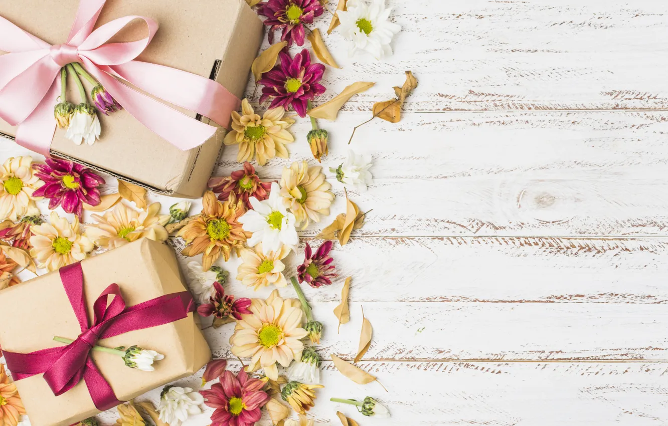 Photo wallpaper flowers, gift, colorful, chrysanthemum, flowers, gift box